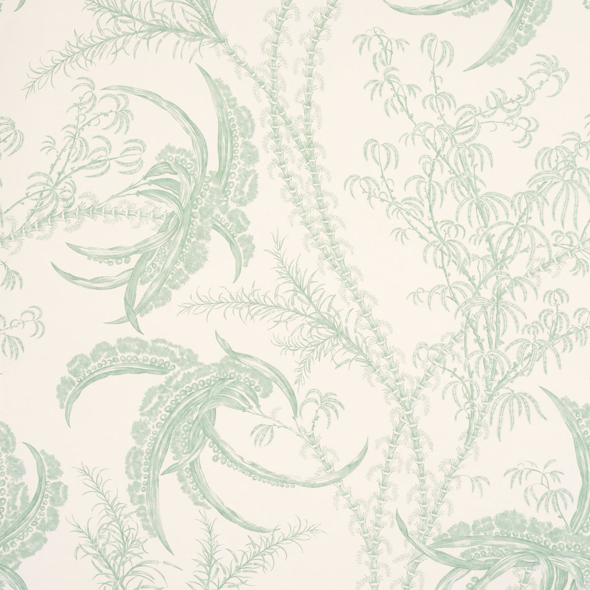 Ocean Toile wallpaper in Eucalyptus on Linen by Schumacher, featuring an undersea toile pattern in soft green on a light background.