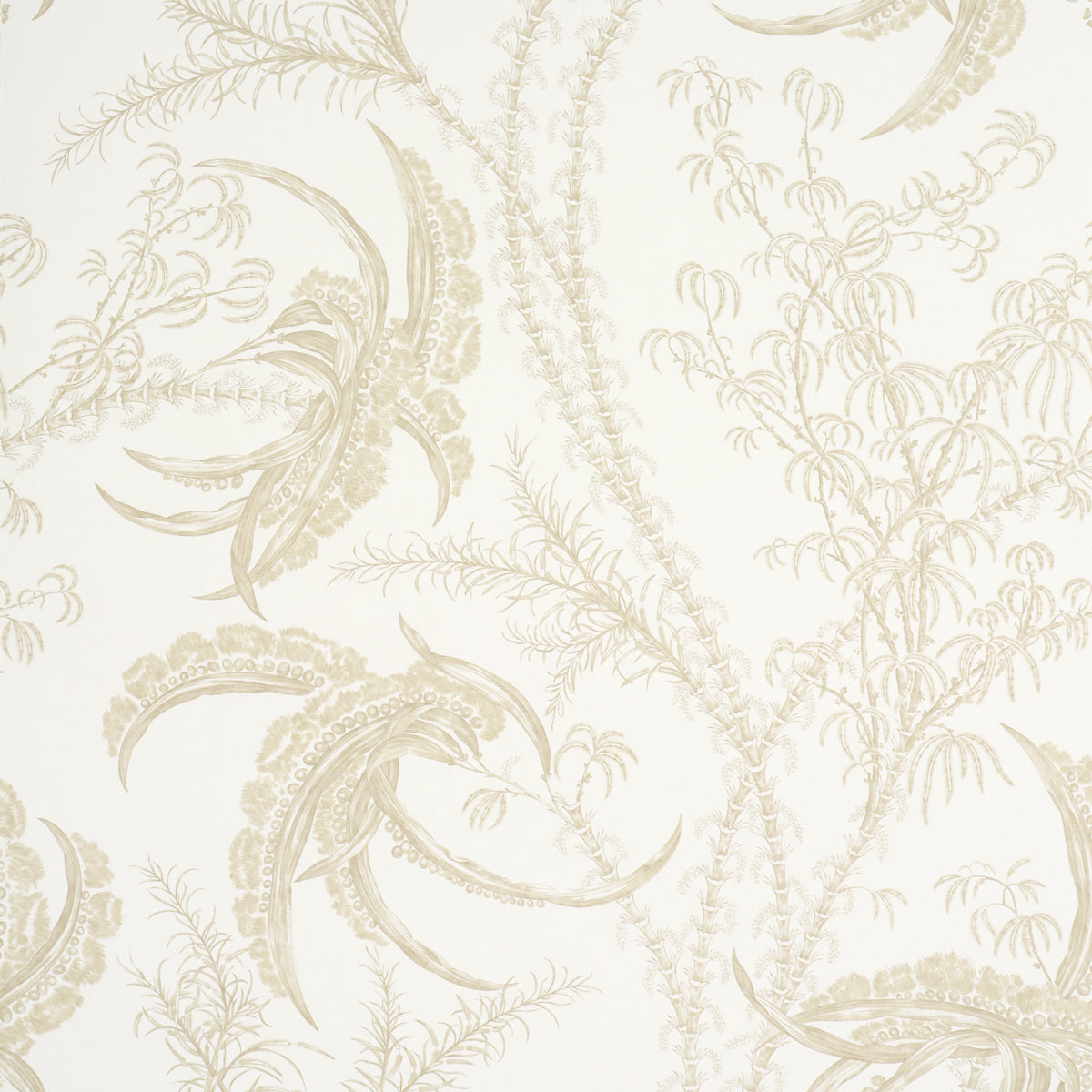 Ocean Toile wallpaper in Sand by Schumacher, featuring an intricate undersea toile pattern in neutral tones, shown in a styled bathroom setting.