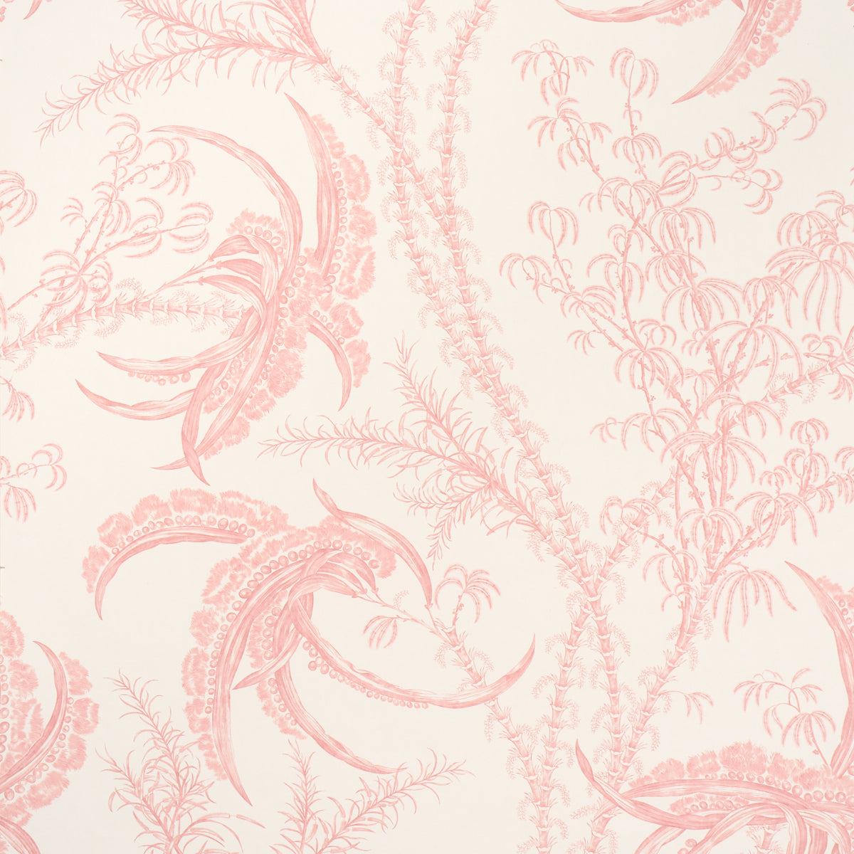 Ocean Toile wallpaper in coral by Schumacher, featuring an undersea toile pattern in pink on a white background, shown in a styled bathroom interior.