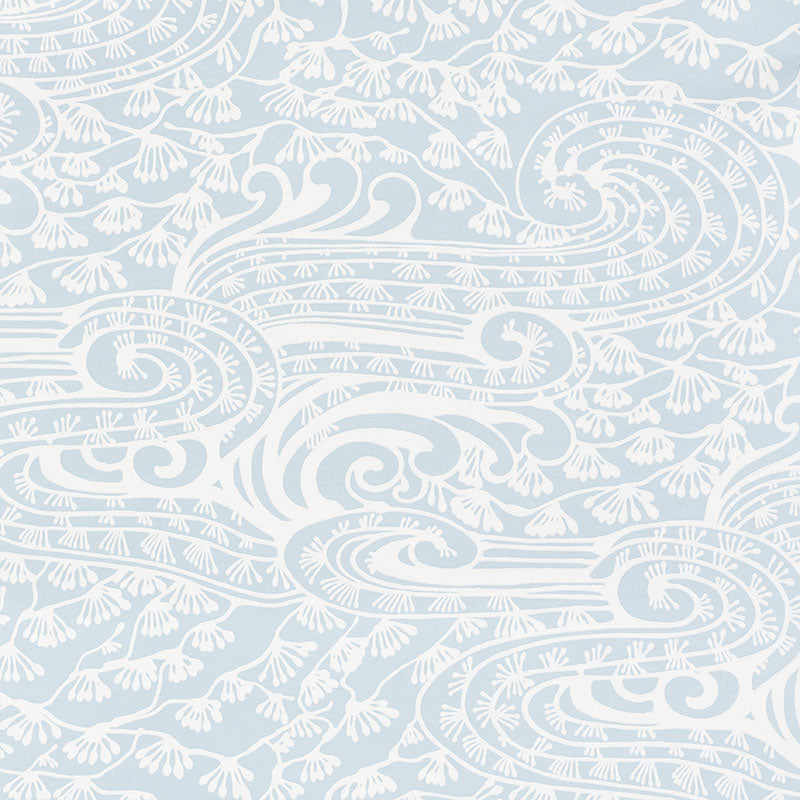Mizu Sky by Schumacher, a surface-printed wallpaper with swirling garden fantasia in blue and white.