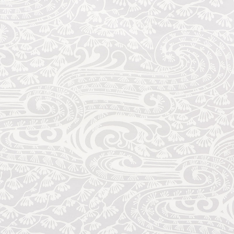 Mizu Grey swirling garden fantasia surface-printed wallpaper by Schumacher, inspired by Japanese woodblocks, shown in styled and detail views.