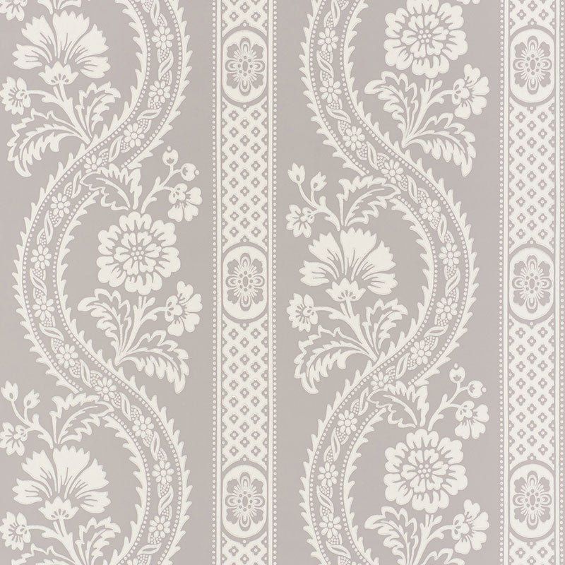 Versailles wallpaper in grey with painterly botanical stripe and floral pattern by Schumacher