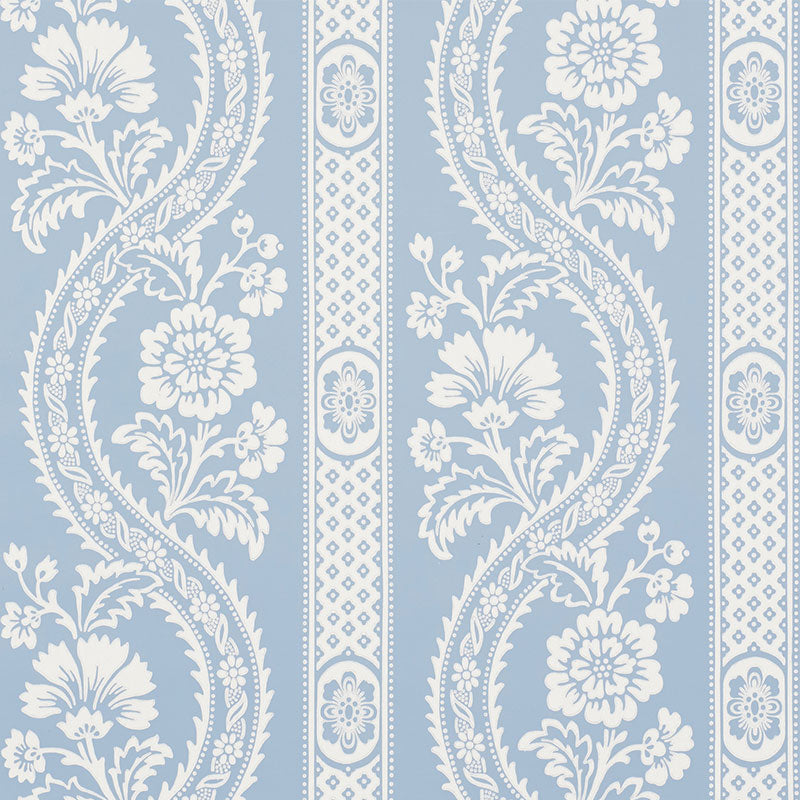 Versailles blue botanical stripe wallpaper with painterly floral pattern by Schumacher, shown in a styled bedroom interior.