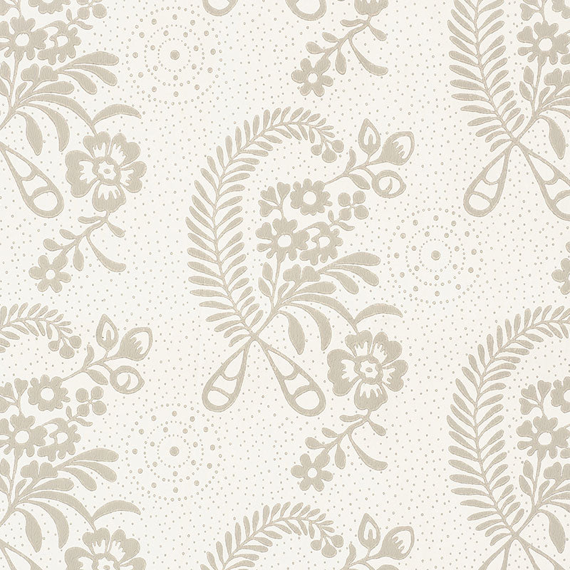 Millicent Grisaille wallpaper by Schumacher, a delicate floral surface-printed design with vintage appeal, shown in a styled bedroom interior.