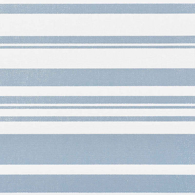 Horizon Paperweave wallpaper in Sky by Schumacher features crisp, multi-width horizontal blue and white stripes with a textured ground.