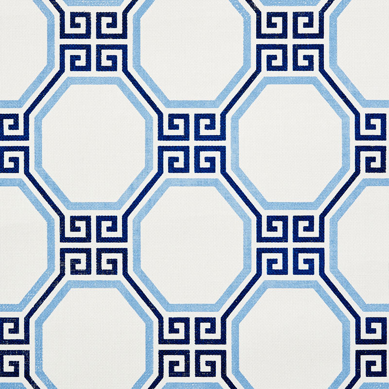 Octavia Paperweave wallpaper in Marine by Schumacher, featuring a blue octagonal geometric pattern with Greek key accents.