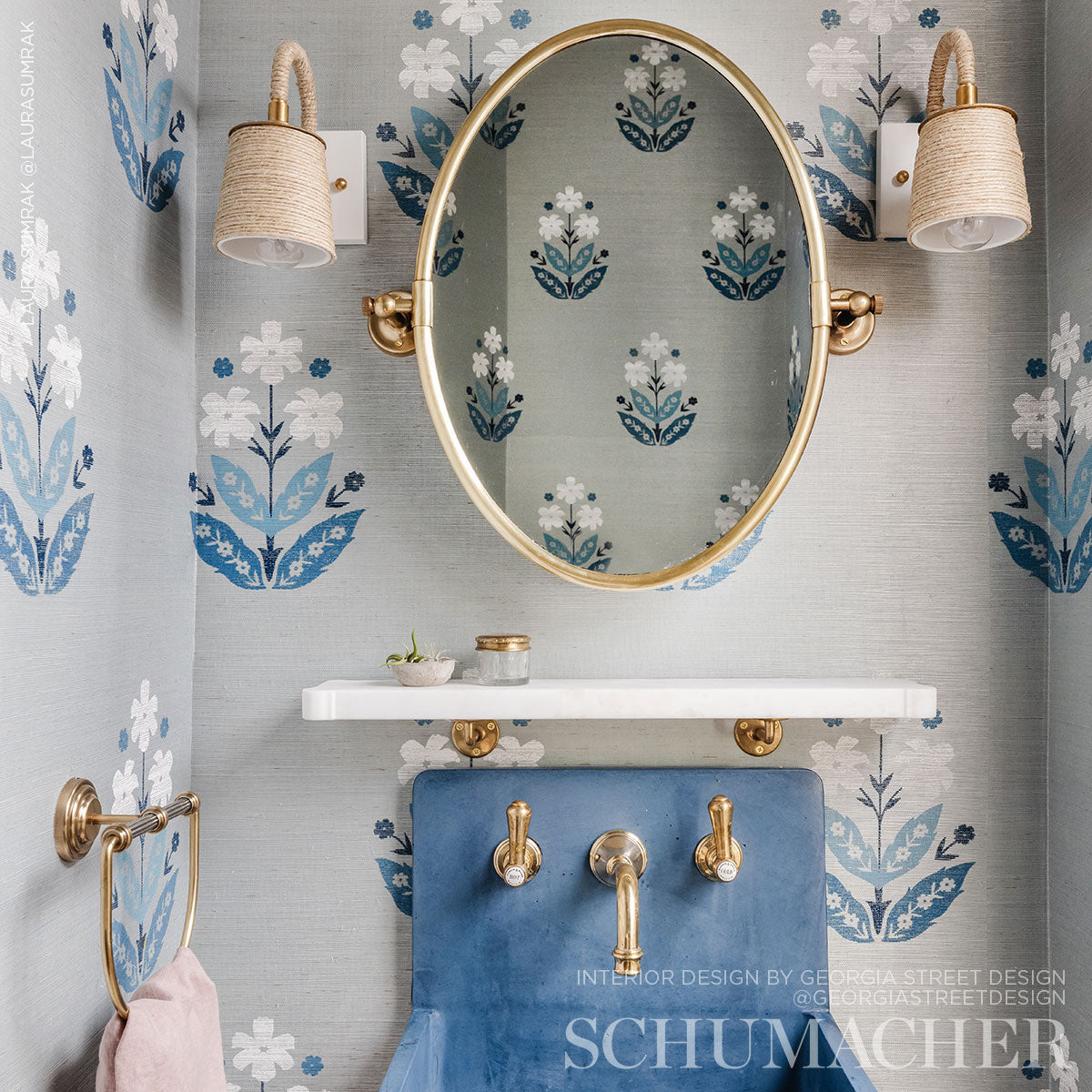 Floweret Sisal Blue by Schumacher Textural Appeal Floral Wallpaper – Schumacher 5008910