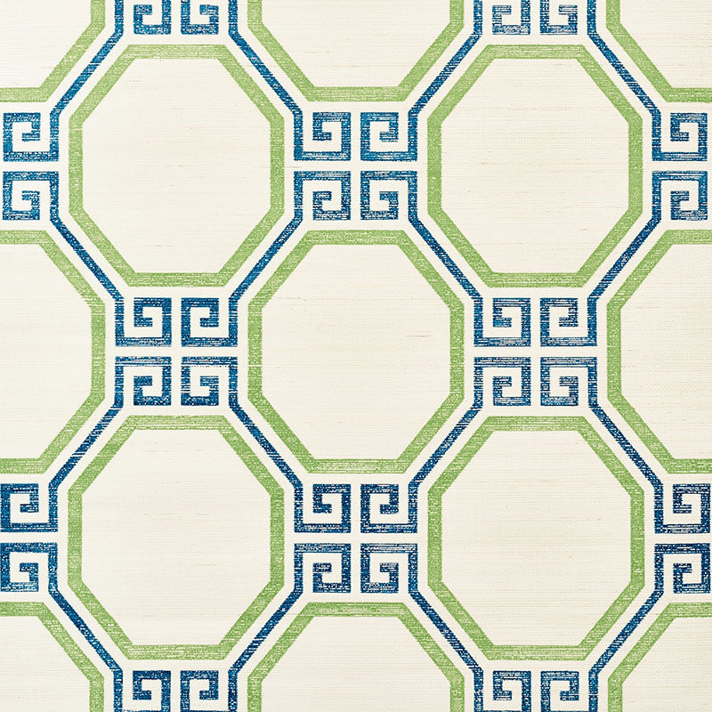 Octavia Sisal wallpaper in turquoise and palm with octagonal Greek key pattern by Schumacher