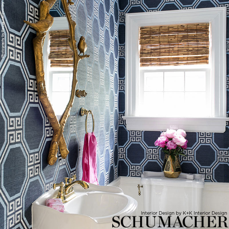Octavia Sisal Navy by Schumacher Geometric Greek Key Wallpaper – Schumacher 5008933