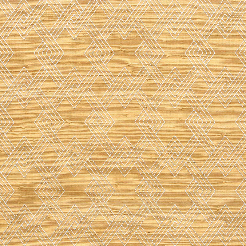 Hix Embroidered Jute wallpaper in Natural by Schumacher, featuring interlocking diamond embroidery on textured jute.