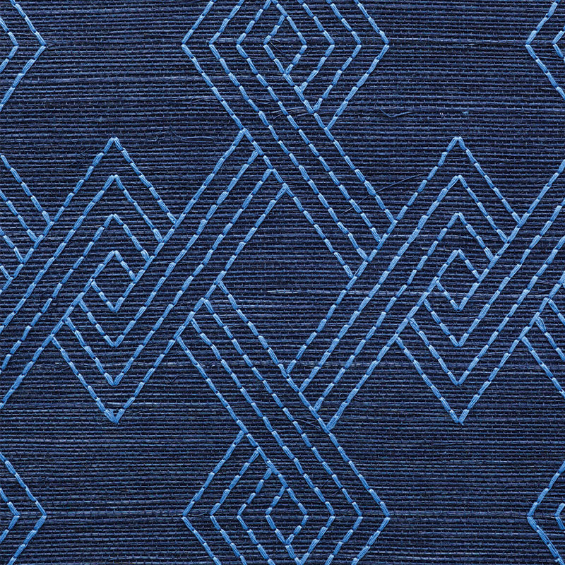 Hix Embroidered Sisal Blue by Schumacher Geometric Embroidered Sisal Wallpaper – Schumacher 5008970