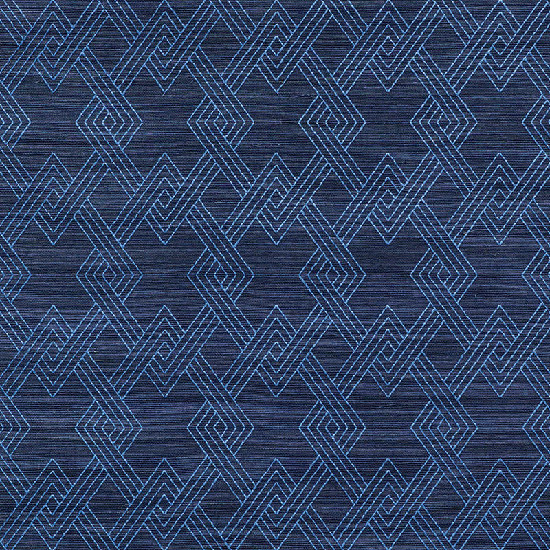 Hix Embroidered Sisal blue geometric embroidered sisal wallpaper by Schumacher, product code 5008970