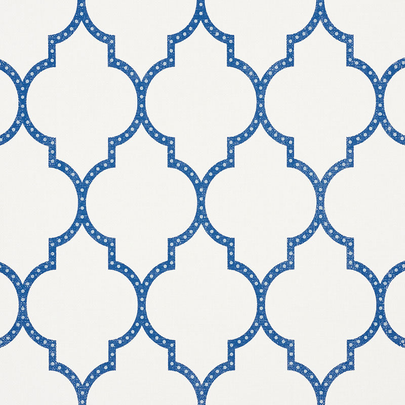 Algiers Paperweave blue fretwork geometric wallpaper by Schumacher