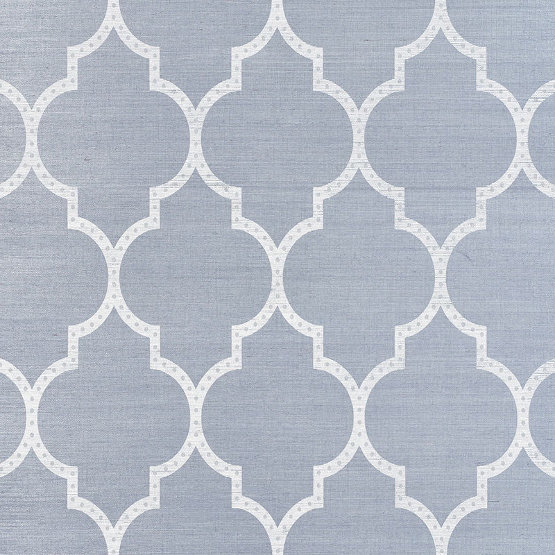 Algiers Sisal Chambray wallpaper by Schumacher featuring a two-toned fretwork design on textured sisal ground.