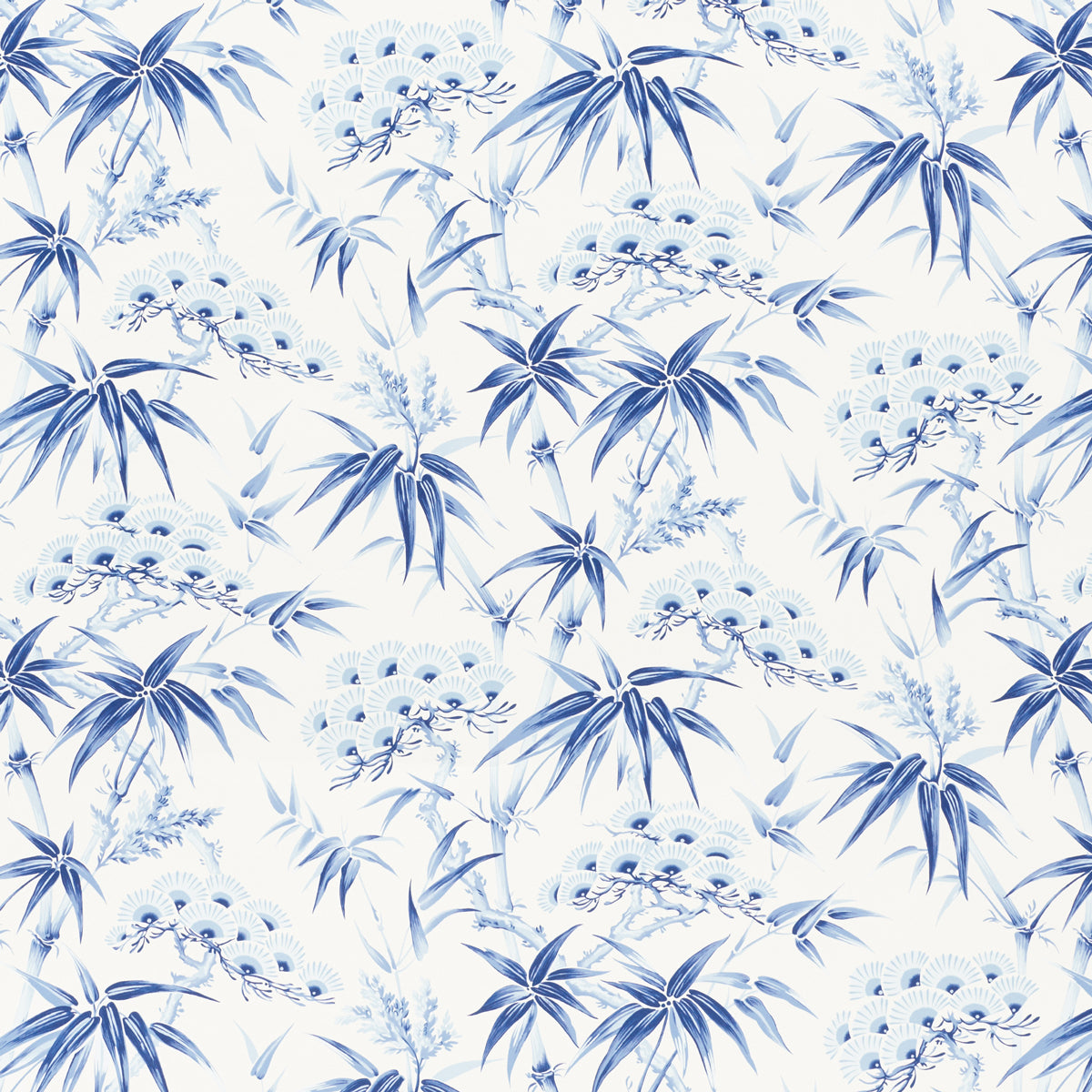 Arita Floral porcelain blue botanical wallpaper with bamboo and plum blossom motifs by Schumacher