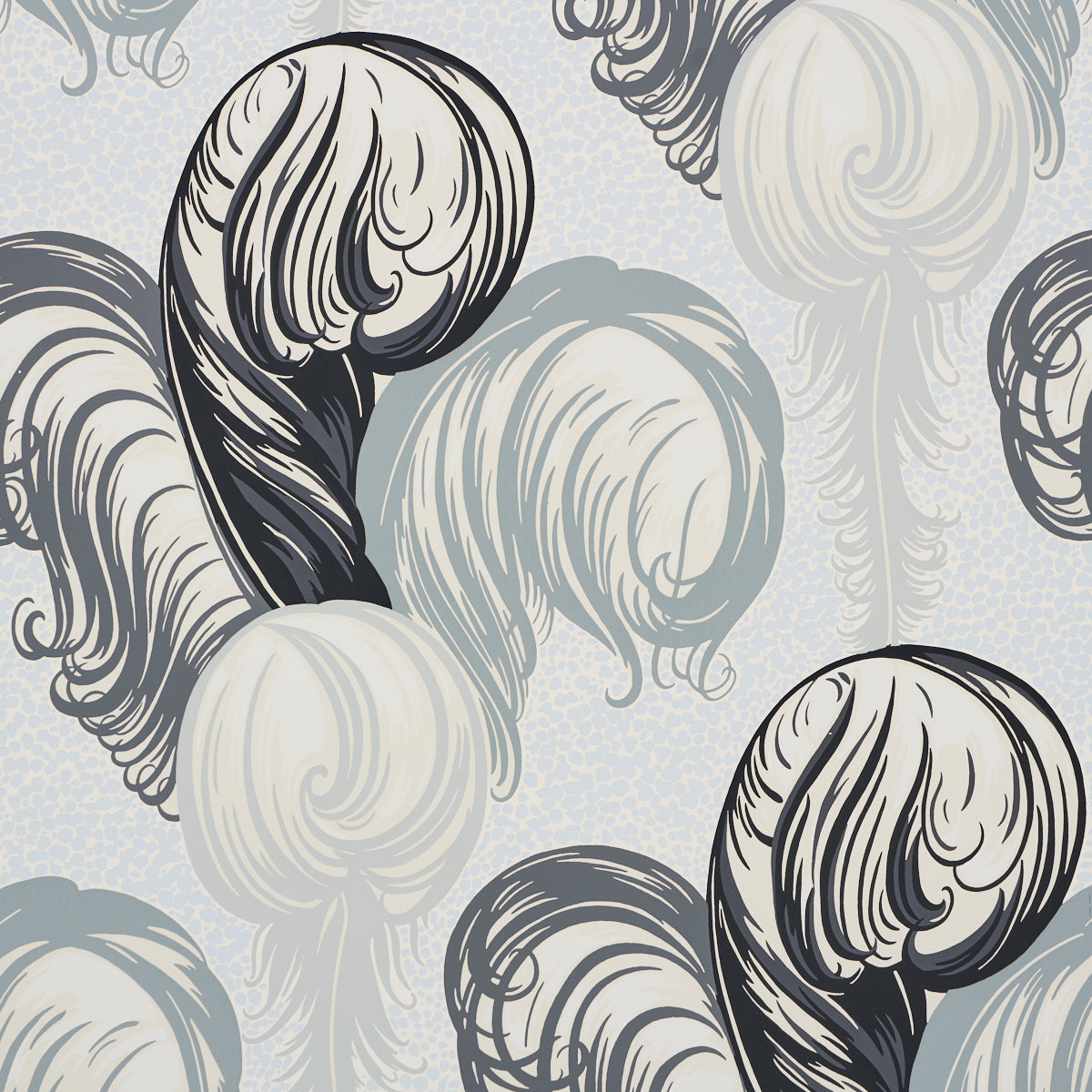 Plumes Grisaille wallpaper by Schumacher featuring whimsical ostrich feather sprays in a stylish Art Deco design.