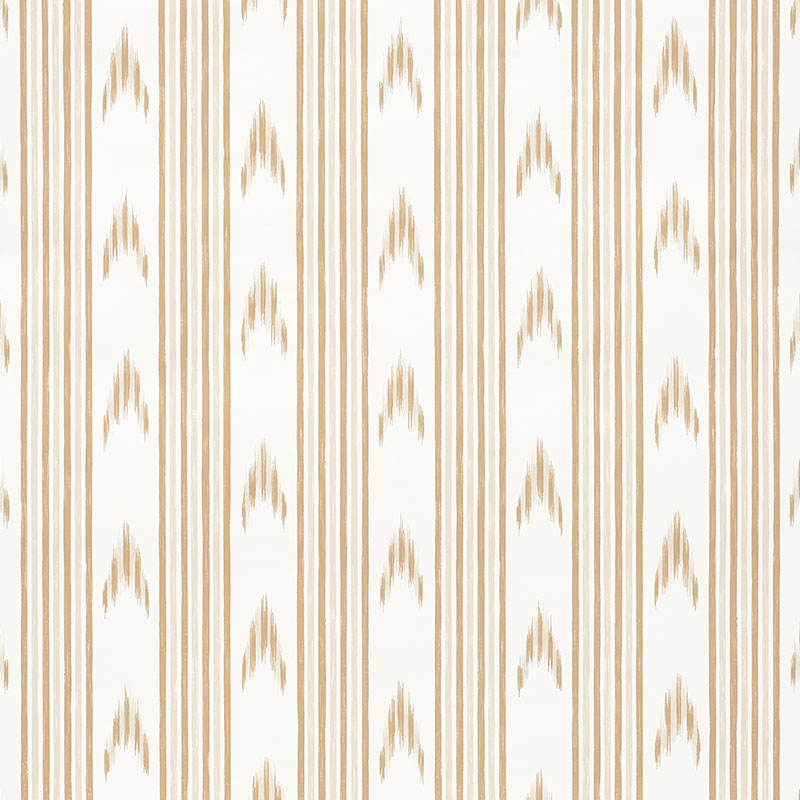Santa Barbara Ikat wallpaper in neutral by Schumacher, shown in various interior settings with a classic ikat stripe pattern.