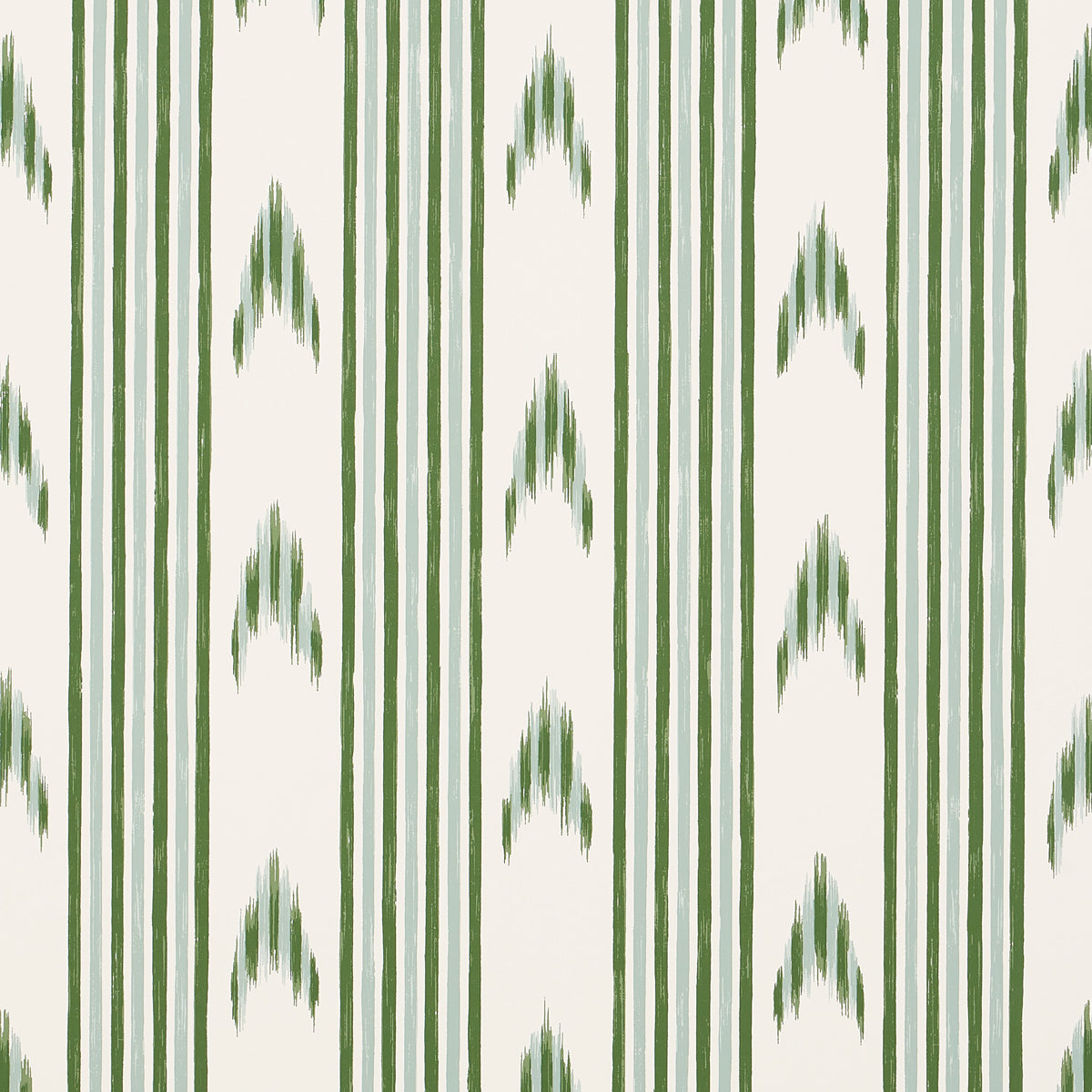 Santa Barbara Ikat wallpaper in Leaf Green by Schumacher, featuring a hand-painted ikat stripe pattern in green on a white background.
