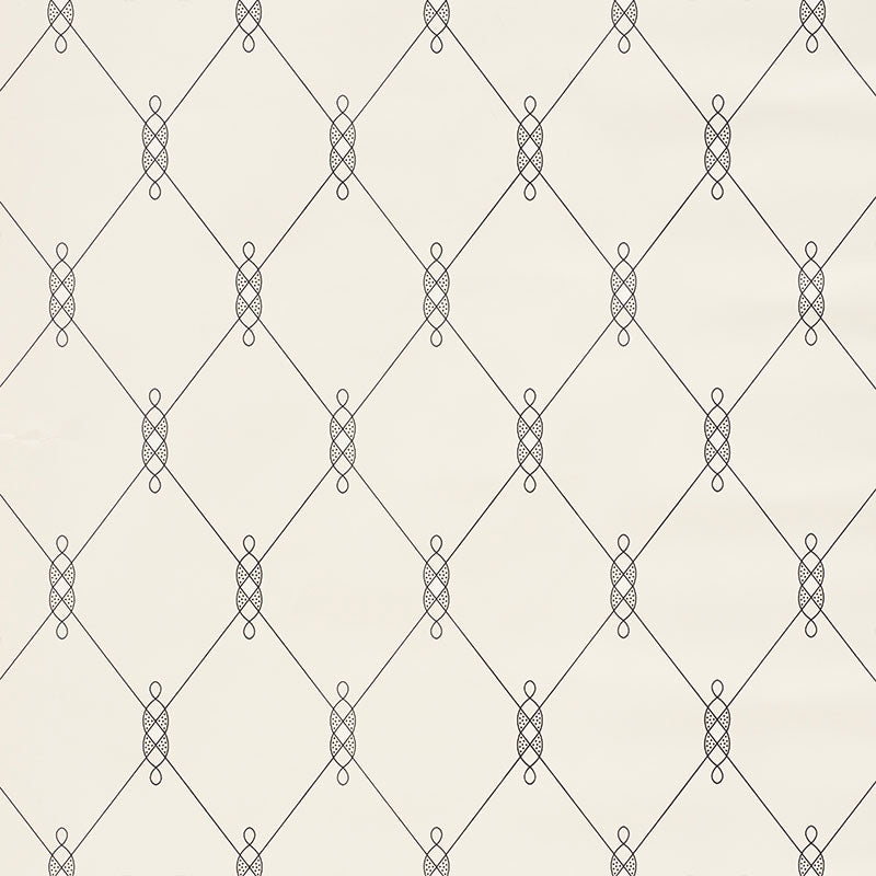 DISO Parchment trellis pattern wallpaper by Schumacher, designed by David Oliver, shown in a bedroom setting.