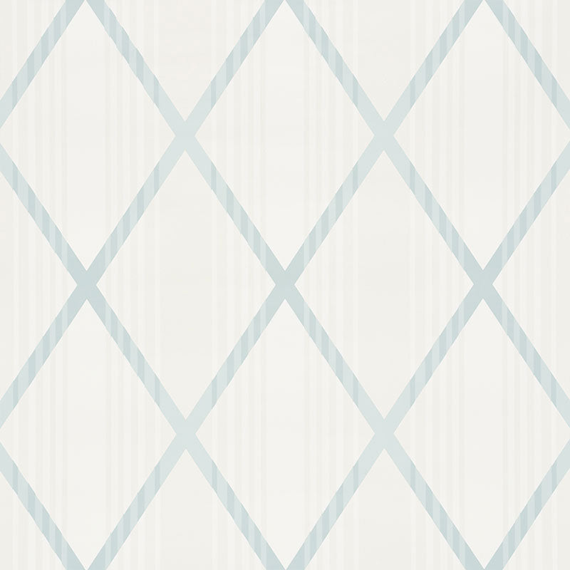 Monti Blue geometric lattice wallpaper by Schumacher, shown in styled and detail views