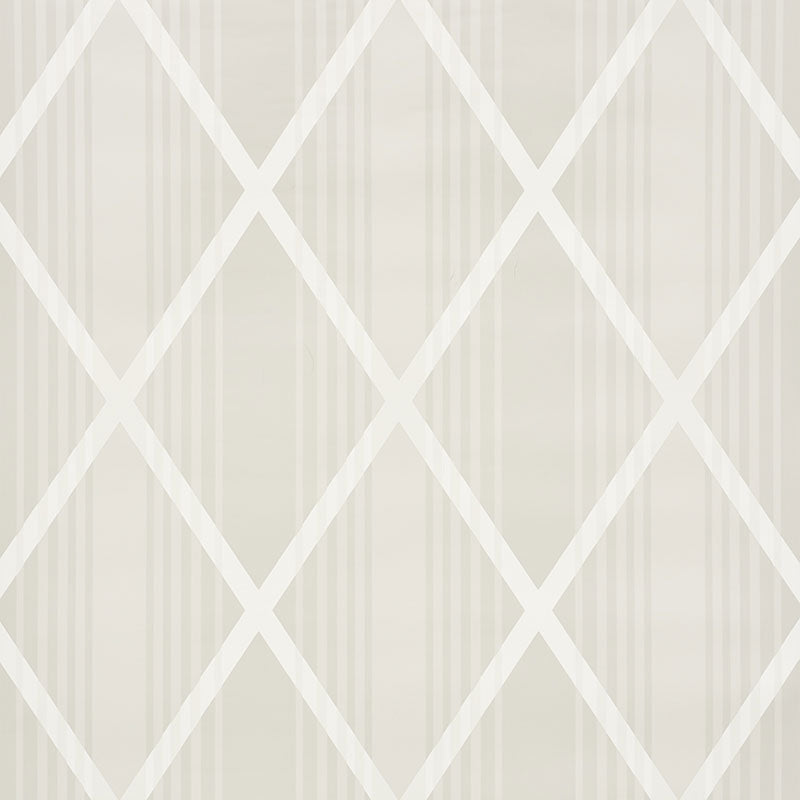Monti Stone geometric lattice wallpaper by Schumacher, shown in room and detail views.