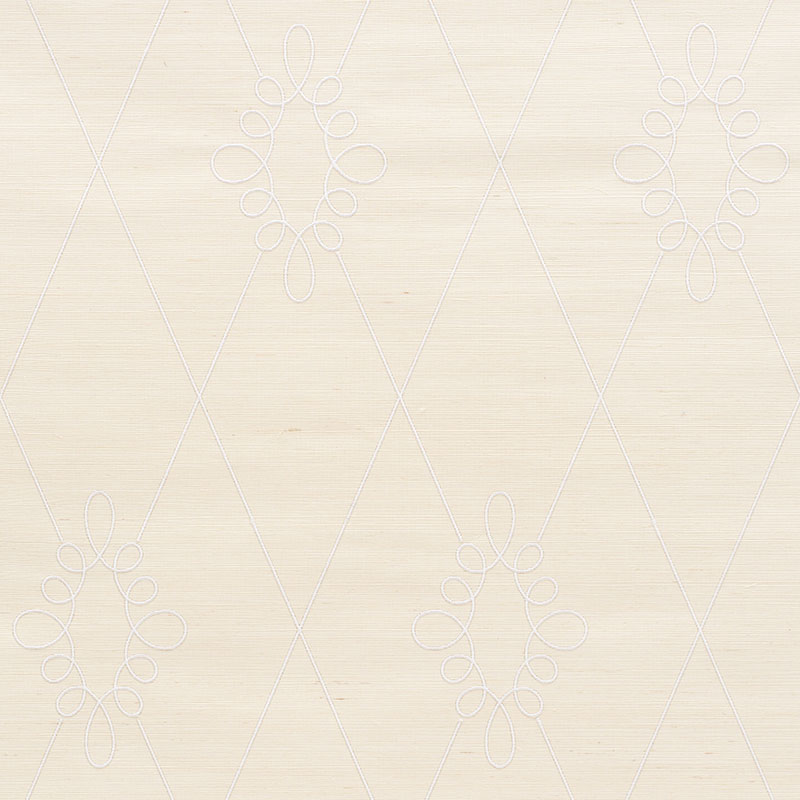 SYLVIE EMBROIDERED SISAL wallpaper in ivory with a classic trellis and medallion embroidered pattern by Schumacher.