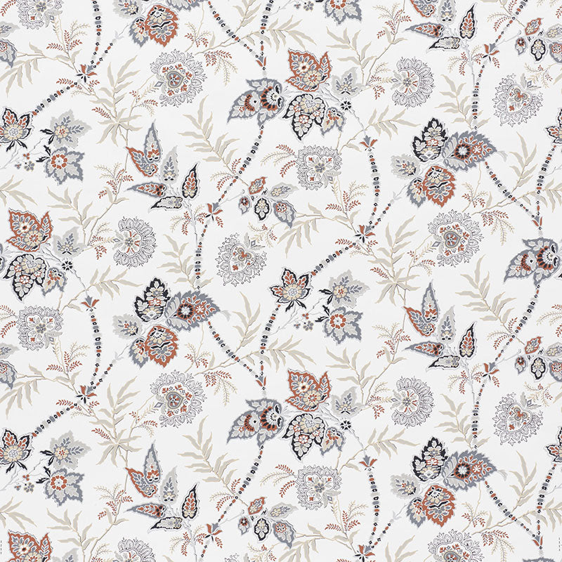 Emperor's Vine wallpaper in a neutral colorway with scrolling vines, leaves, and flowers, shown in detail and as a room setting by Schumacher.