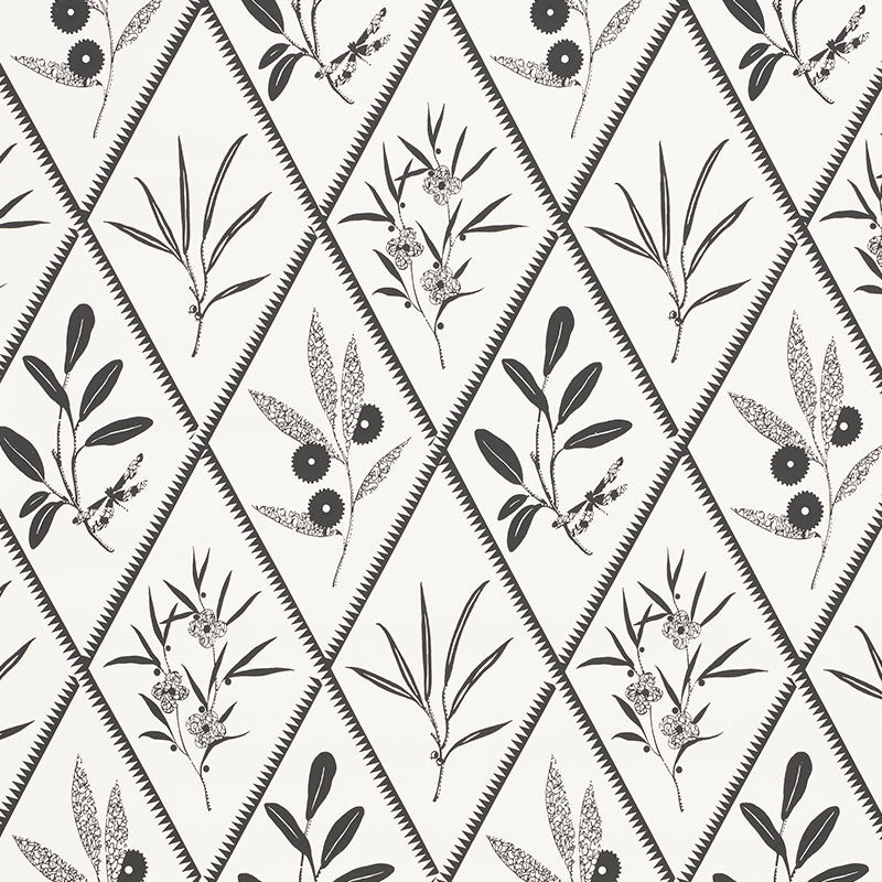 ENDIMIONE wallpaper in Carbon by Schumacher, featuring a black and white botanical diamond pattern.