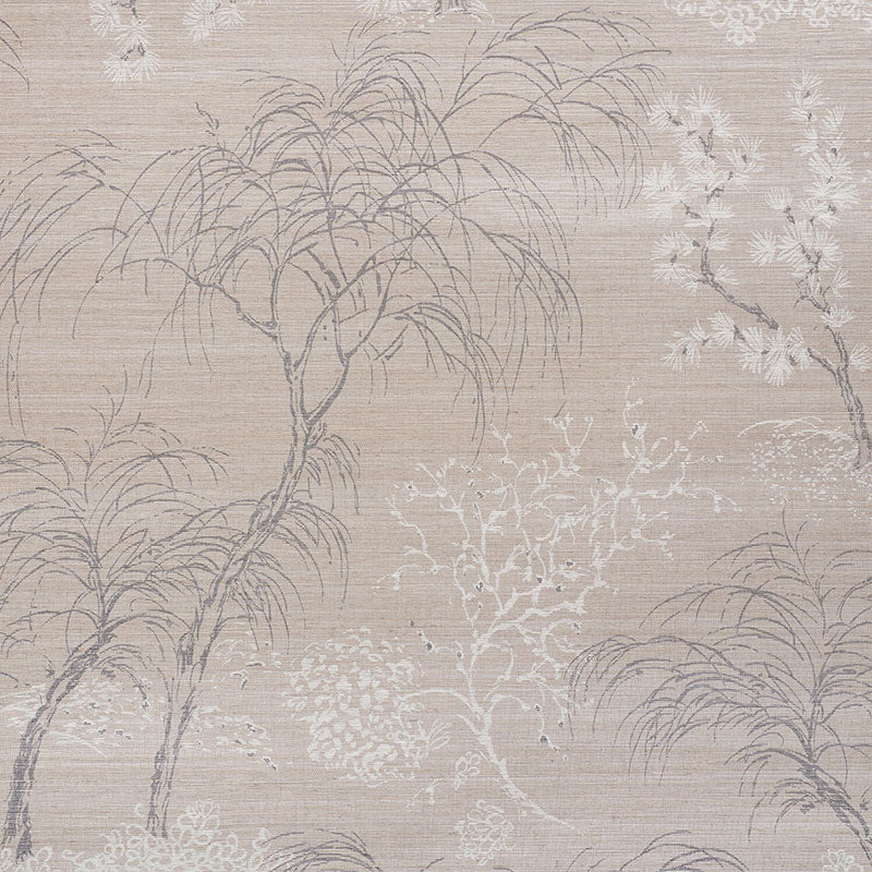 MORI HEMP SHIMMER wallpaper in Moonstone, a handpainted botanical print with traditional tree motifs on a textured ground by Schumacher.