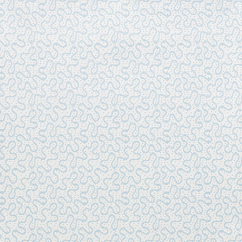 Meander Slumber Blue wallpaper by Schumacher from the Celerie Kemble collection, shown in a bedroom setting with a modern, abstract pattern.