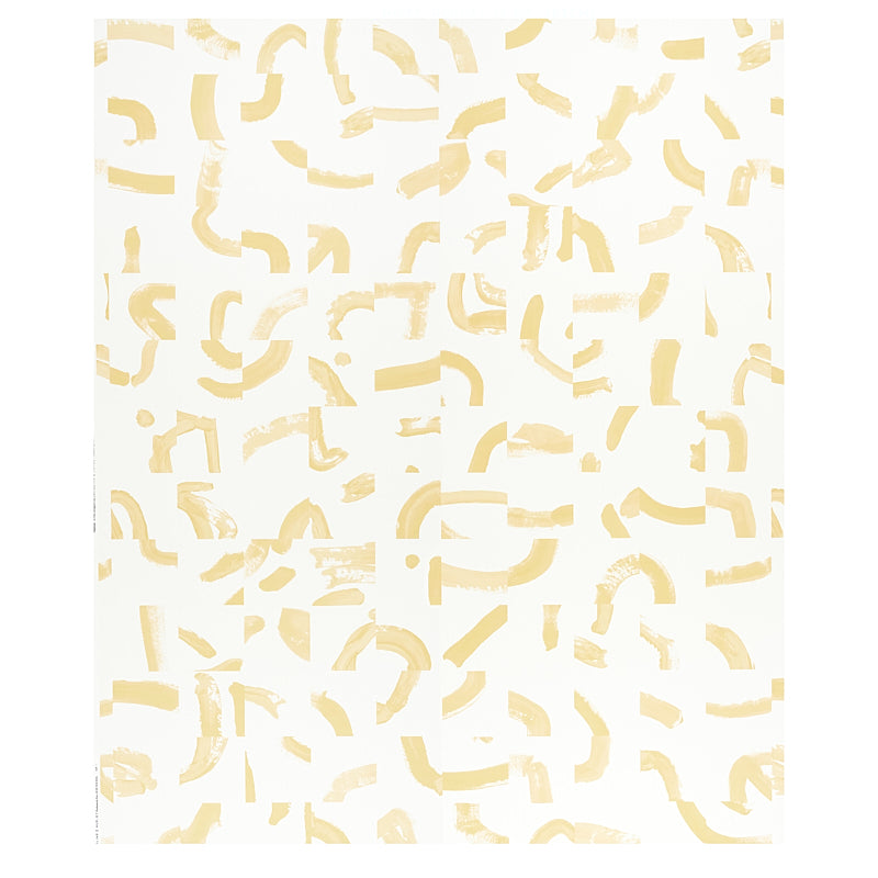 SEPIESSA PANEL SET by Caroline Z Hurley for Schumacher. Abstract yellow brushstroke pattern wallcovering in a modern bedroom setting.