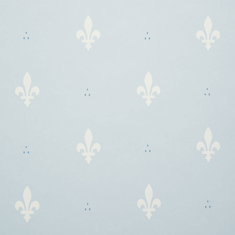 Fleur de Lis Mineral small-print wallpaper by Schumacher, featuring a classic French motif in a soft blue colorway.