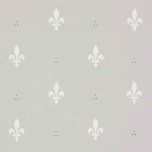 Grey wallpaper with a classic white fleur de lis pattern by Schumacher, shown both as a close-up and installed in a traditional room.