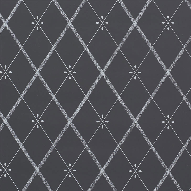 Kasumi Diamond Chalkboard wallpaper by Schumacher featuring a chalky white diamond lattice pattern on a dark background.