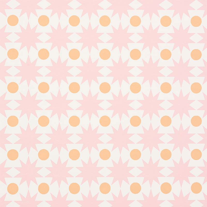COSMOS wallpaper in pink by Schumacher, featuring a playful geometric star and dot pattern.