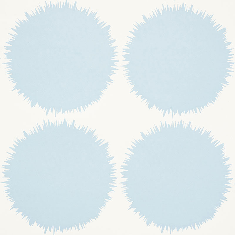 FUZZ wallpaper in Sky by Studio Bon for Schumacher, featuring playful blue circular motifs on a white background.