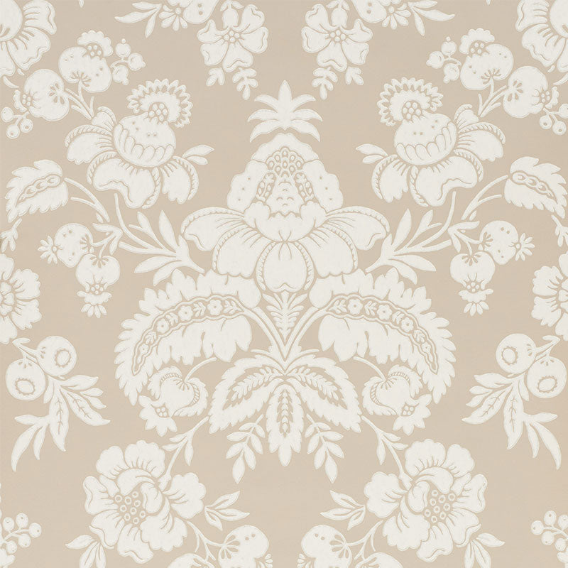 Simone Damask wallpaper in stone colorway, large-scale classic damask pattern by Schumacher