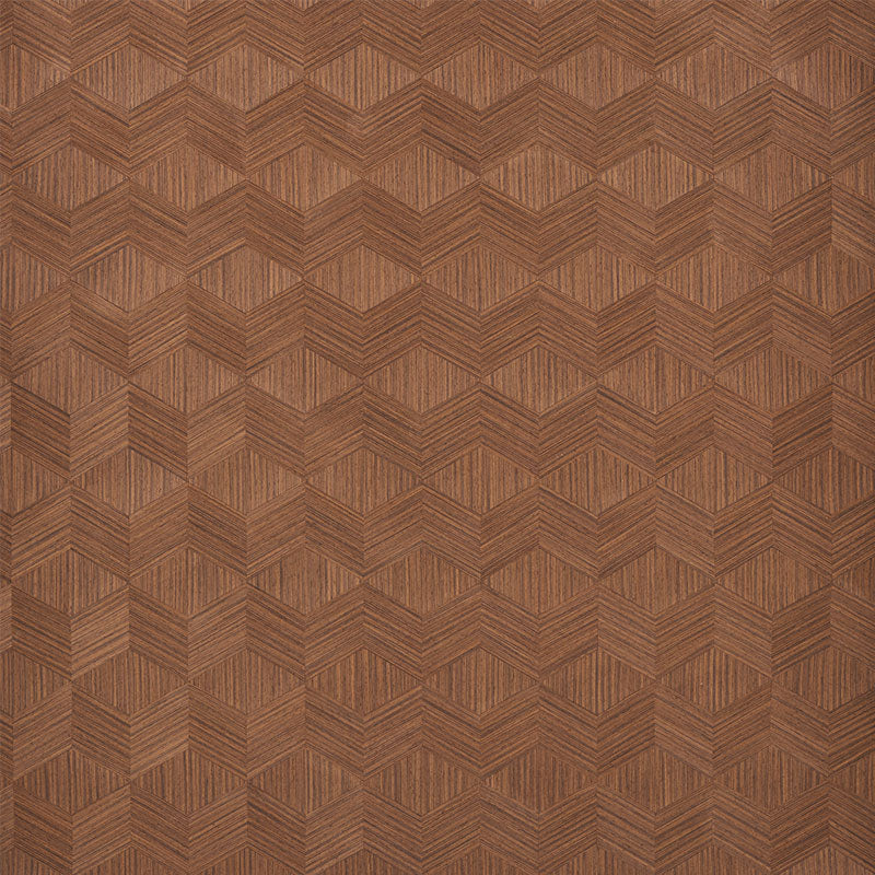 Chevron Inlay wallpaper in Walnut by Schumacher features a sophisticated hand-cut wood veneer chevron pattern.