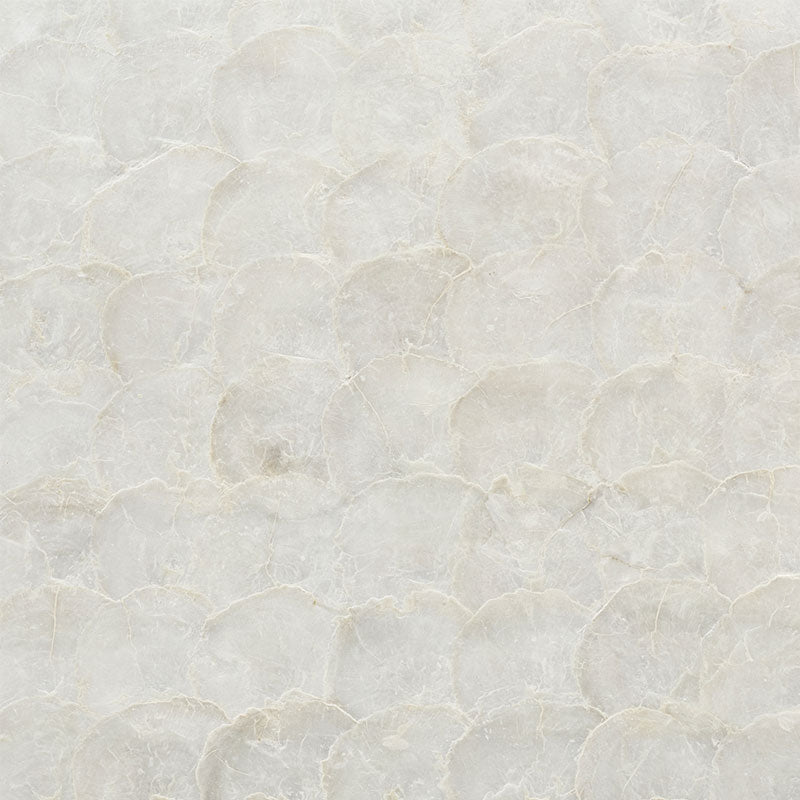 Abalone Pearl handmade fish-scale pattern wallcovering tile by Schumacher, shown in a delicate mother of pearl finish.