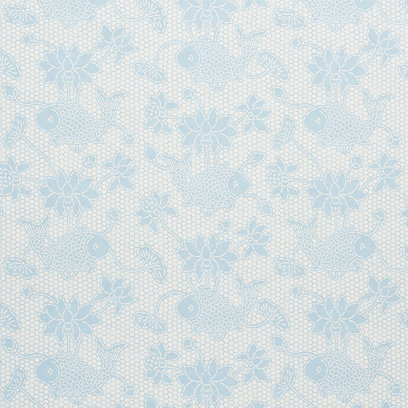 Lotus Batik Sky blue and white wallpaper with fish and lotus flower batik pattern by Schumacher