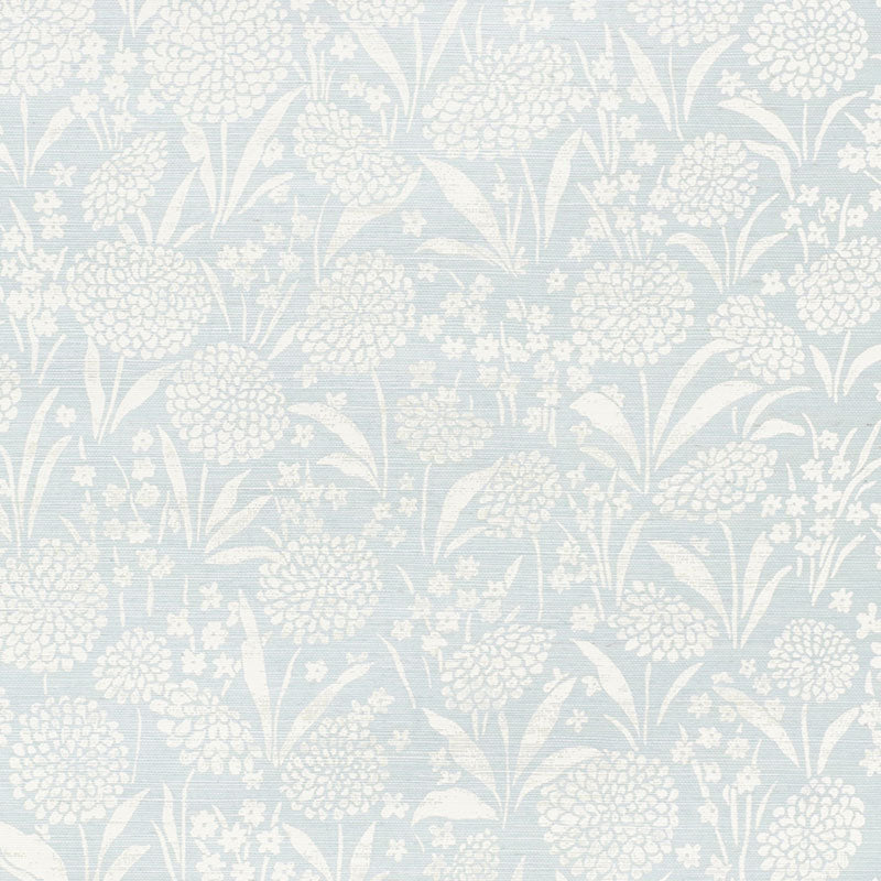 Chrysanthemum Sisal wallpaper in Sky, a mid-scale floral pattern with handprinted texture and dimension by Schumacher.
