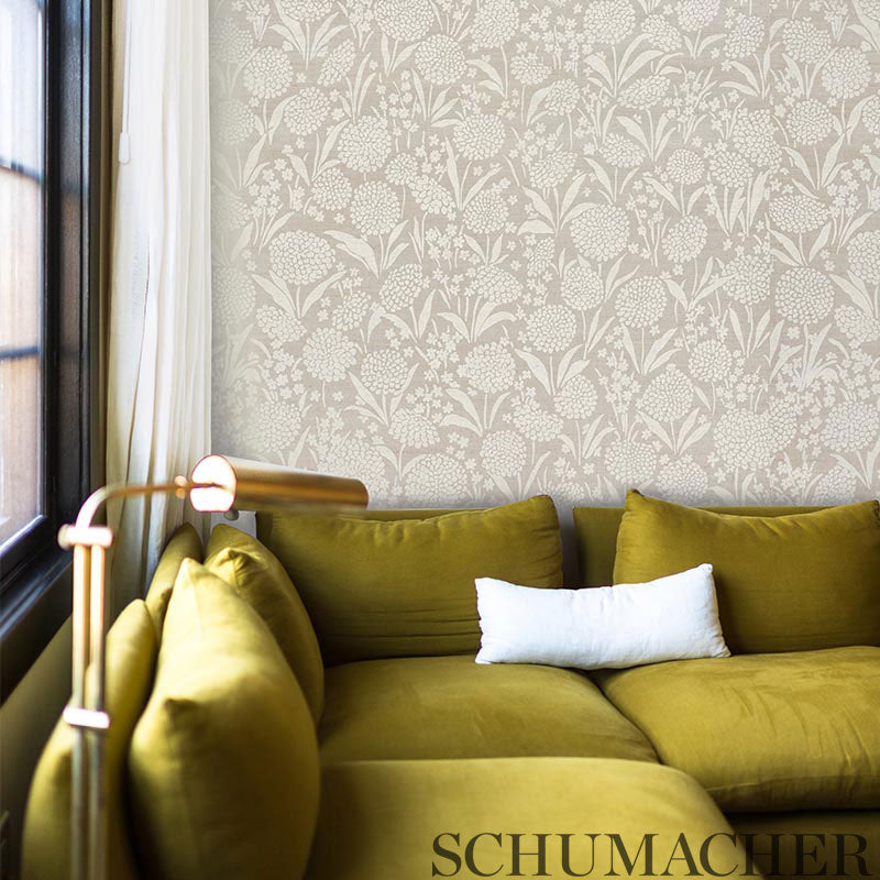 Chrysanthemum Hemp Shimmer Moonstone by Schumacher Floral Sisal Wallpaper – Schumacher 5009790