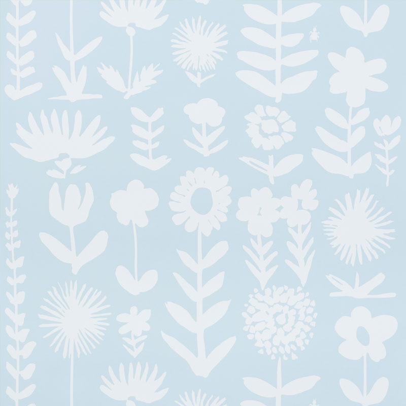 Wild Things wallpaper in Sky by Vera Neumann for Schumacher, featuring stylized white flowers on a soft blue background.