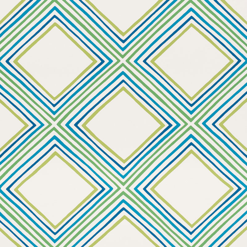 Square Dance wallpaper in Peacock by Vera Neumann for Schumacher, featuring a bold geometric diamond pattern in blue and green on white.