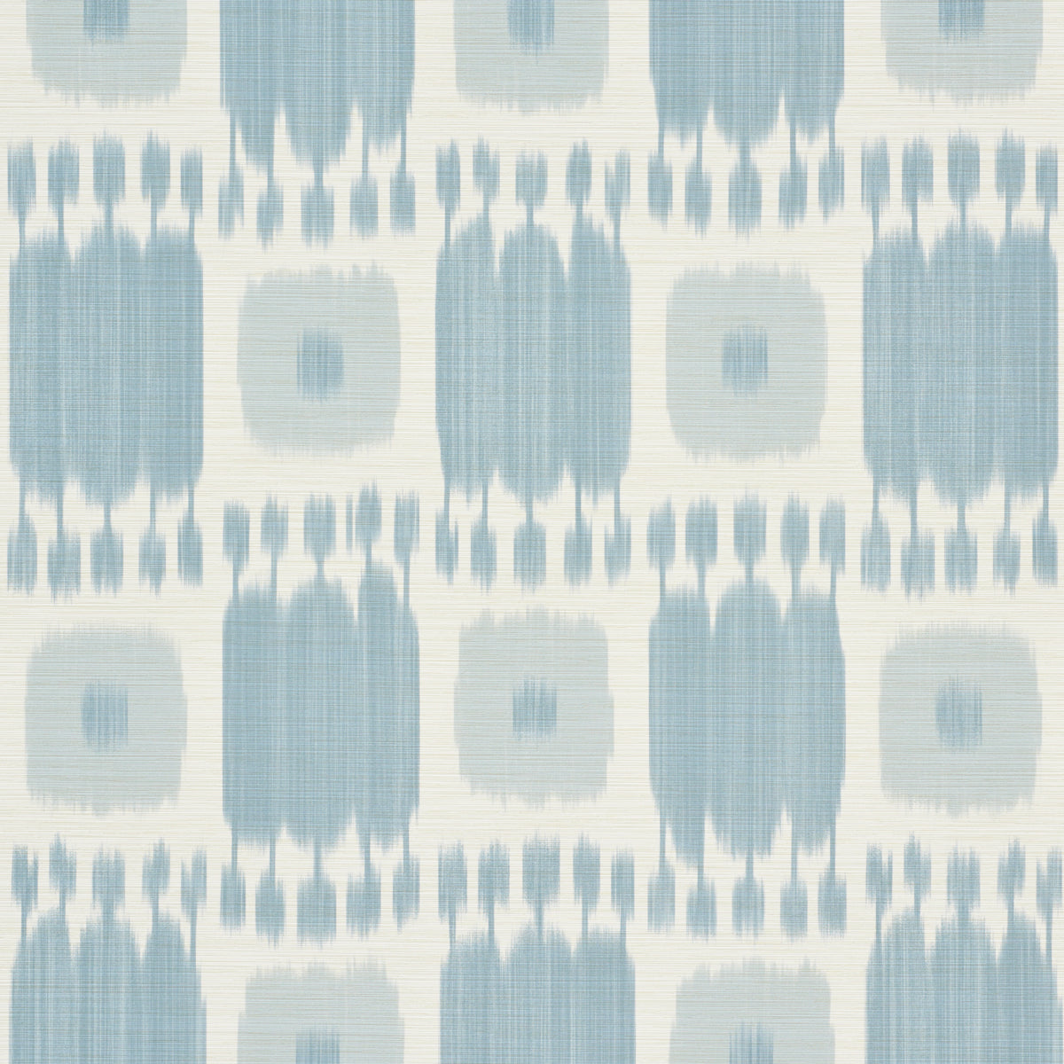 KANDIRA painterly checkerboard ikat wallpaper in sky blue by Schumacher, shown in a styled interior and close-up detail.