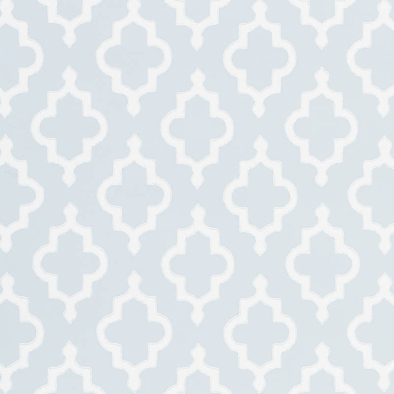 JAKE wallpaper in Orpington Blue by Veere Grenney for Schumacher, Moroccan fretwork ogee pattern, styled in an interior setting.