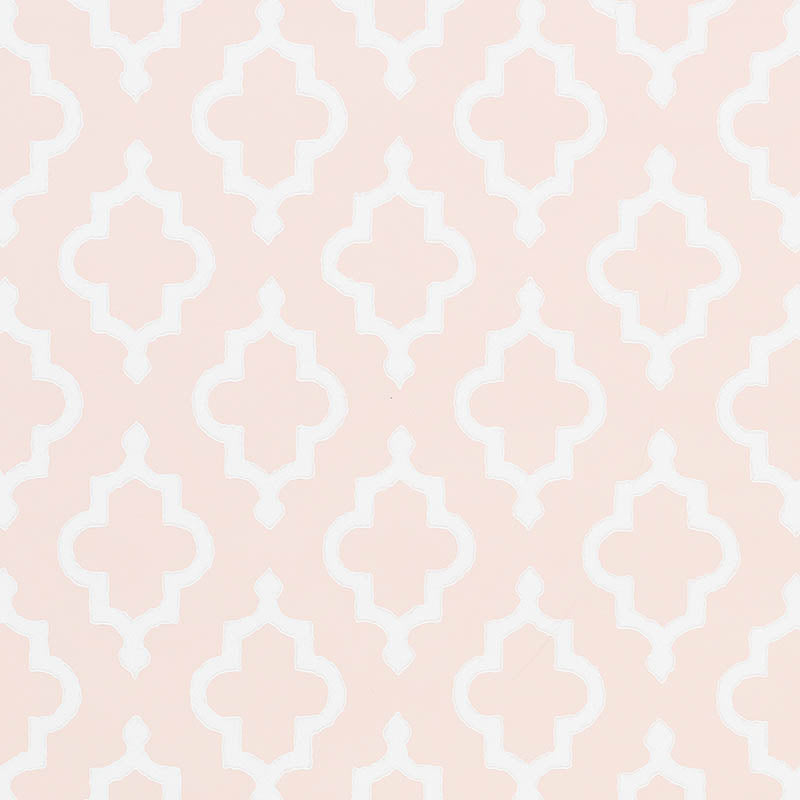 JAKE wallpaper in Quiet Pink by Veere Grenney for Schumacher, Moroccan fretwork ogee pattern, surface print, washable.