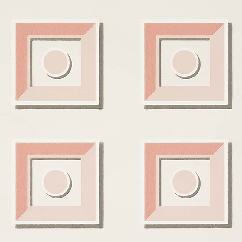 Marcel Blush geometric trompe l'oeil wallpaper by Schumacher, featuring stylized blush and white panels with architectural detail.