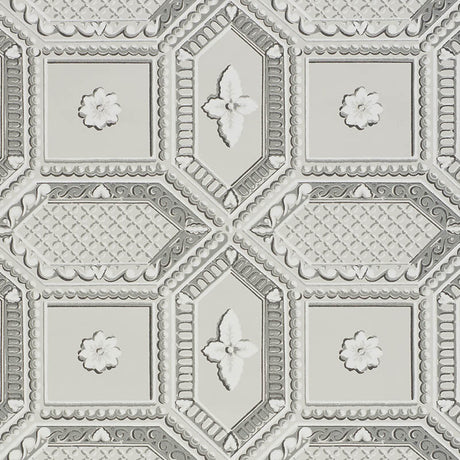 Lacunaria Dove wallpaper by Schumacher features a trompe l'oeil coffered ceiling design with stylized florettes in soft dove gray tones.