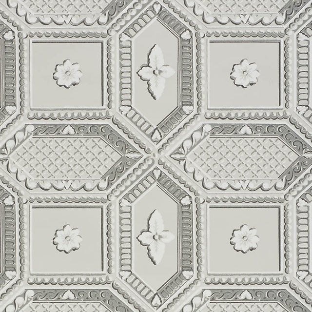 Lacunaria Dove wallpaper by Schumacher features a trompe l'oeil coffered ceiling design with stylized florettes in soft dove gray tones.